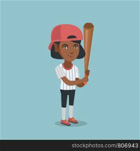 Full length of african-american smiling baseball player in uniform holding a bat. Young professional sportswoman playing baseball. Vector cartoon illustration. Square layout.. Young african-american baseball player with a bat.