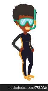 Full length of african-american woman wearing diving suit, flippers, mask and tube. Diver enjoying snorkeling. Diver ready for snorkeling. Vector flat design illustration isolated on white background.. Young scuba diver vector illustration.