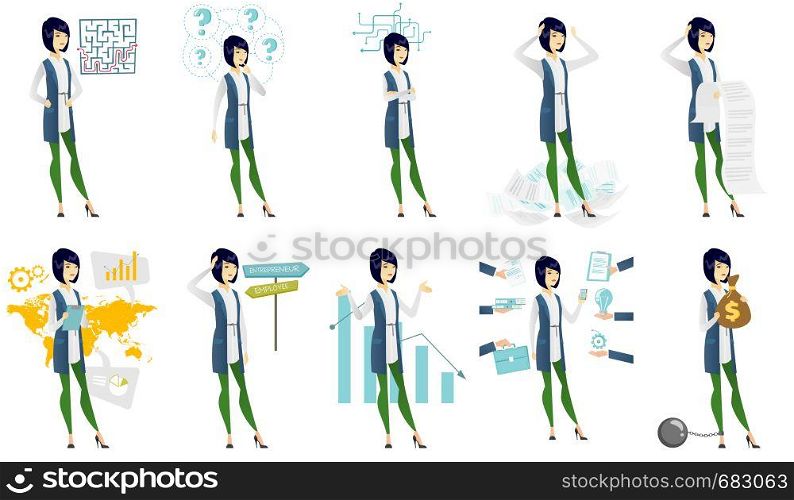 Full length of asian thinking business woman standing under question marks. Thinking business woman surrounded by question marks. Set of vector flat design illustrations isolated on white background.. Vector set of illustrations with business people.