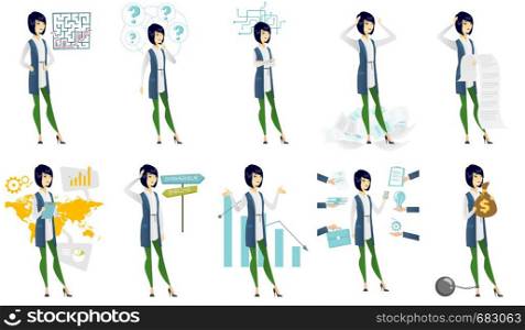 Full length of asian thinking business woman standing under question marks. Thinking business woman surrounded by question marks. Set of vector flat design illustrations isolated on white background.. Vector set of illustrations with business people.