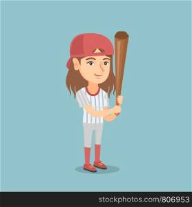 Full length of ?aucasian smiling woman baseball player in uniform holding a bat. Young cheerful professional sportswoman playing baseball. Vector cartoon illustration. Square layout.. Young caucasian baseball player with a bat.