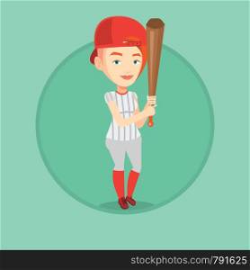 Full length of caucasian baseball player in uniform. Baseball player standing with a bat. Professional baseball player in action. Vector flat design illustration in the circle isolated on background.. Baseball player with bat vector illustration.