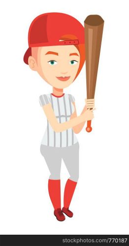 Full length of caucasian baseball player in uniform. Professional baseball player standing with a bat. Cheerful baseball player in action. Vector flat design illustration isolated on white background.. Baseball player with bat vector illustration.