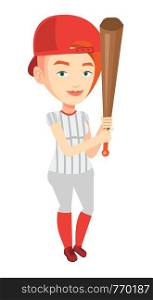 Full length of caucasian baseball player in uniform. Professional baseball player standing with a bat. Cheerful baseball player in action. Vector flat design illustration isolated on white background.. Baseball player with bat vector illustration.