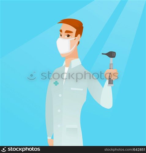 Full length of caucasian ear nose throat doctor. Young doctor in a medical gown and a mask holding tools used for examination of ear, nose, throat. Vector flat design illustration. Square layout.. Ear nose throat doctor vector illustration.