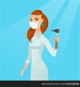 Full length of caucasian ear nose throat doctor. Young doctor in a medical gown and a mask holding tools used for examination of ear, nose, throat. Vector flat design illustration. Square layout.. Ear nose throat doctor vector illustration.