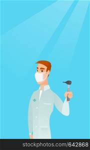 Full length of caucasian ear nose throat doctor. Young doctor in a medical gown and a mask holding tools used for examination of ear, nose, throat. Vector flat design illustration. Vertical layout.. Ear nose throat doctor vector illustration.
