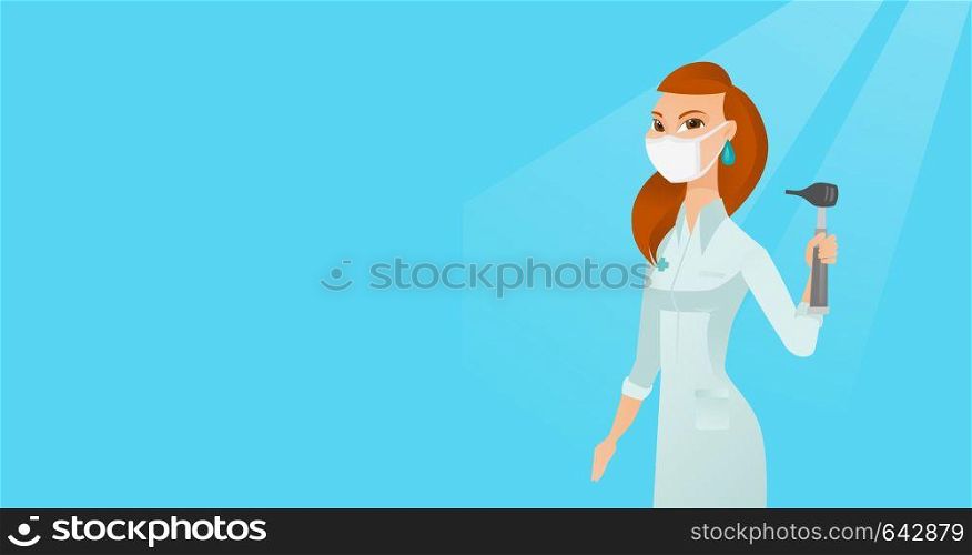 Full length of caucasian ear nose throat doctor. Young doctor in a medical gown and a mask holding tools used for examination of ear, nose, throat. Vector flat design illustration. Horizontal layout.. Ear nose throat doctor vector illustration.