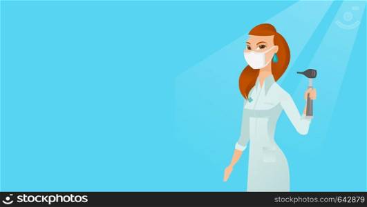 Full length of caucasian ear nose throat doctor. Young doctor in a medical gown and a mask holding tools used for examination of ear, nose, throat. Vector flat design illustration. Horizontal layout.. Ear nose throat doctor vector illustration.