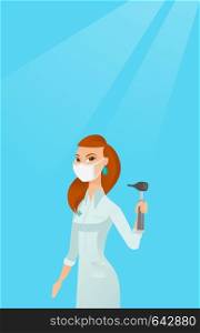 Full length of caucasian ear nose throat doctor. Young doctor in a medical gown and a mask holding tools used for examination of ear, nose, throat. Vector flat design illustration. Vertical layout.. Ear nose throat doctor vector illustration.