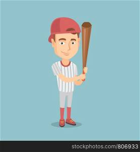 Full length of caucasian smiling baseball player in uniform. Professional baseball player holding a bat. Young cheerful sportsman playing baseball. Vector flat design illustration. Square layout.. Baseball player with a bat vector illustration.
