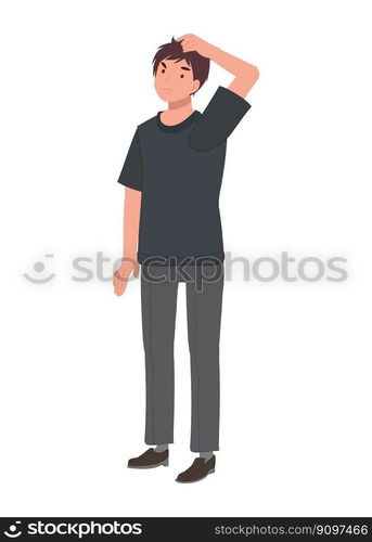 Full length of confuse Man Scratching Head.  Emotions and body language concept. Flat vector cartoon illustration