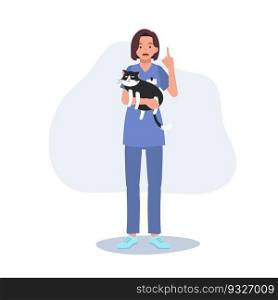 Full length of female Veterinarian Hugging cat and giving information suggestion. Profession veterinarian. woman vet holds a cat. Flat vector cartoon illustration
