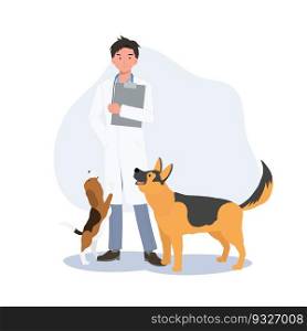 Full length of male Veterinarian with dogs. Profession veterinarian. man vet with dogs. Flat vector cartoon illustration