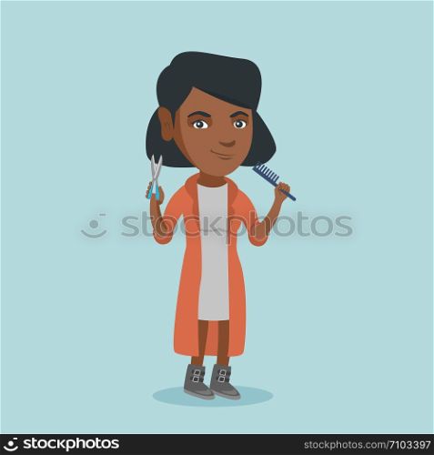 Full length of smiling african-american hairdresser holding a comb and scissors in hands. Young professional hairdresser ready to do a haircut. Vector cartoon illustration. Square layout.. Hairdresser holding a comb and scissors in hands.