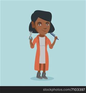 Full length of smiling african-american hairdresser holding a comb and scissors in hands. Young professional hairdresser ready to do a haircut. Vector cartoon illustration. Square layout.. Hairdresser holding a comb and scissors in hands.
