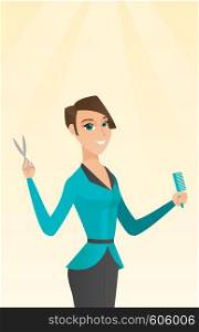 Full length of smiling caucasian hairdresser holding comb and scissors in hands. Young professional hairdresser ready to do a haircut. Vector flat design illustration. Vertical layout.. Hairdresser holding comb and scissors in hands.