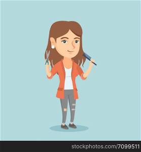 Full length of smiling caucasian hairdresser holding comb and scissors in hands. Young professional hairdresser ready to do a haircut. Vector cartoon illustration. Square layout.. Hairdresser holding comb and scissors in hands.