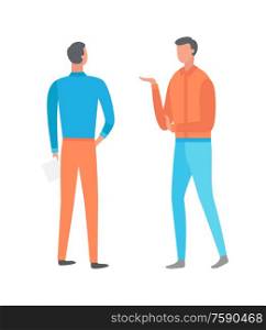 Full length of standing people, portrait and back view, men wearing blue and orange clothes. Posing guy with hand up, flat style of humans vector. Posing Guys, Men Back and Portrait View Vector