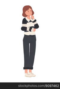 Full length of thinking woman, curious , wonder, making decision. Flat vector cartoon illustration