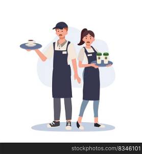 Full length of Waiter and waitress holding a tray with coffee. Vector illustration.