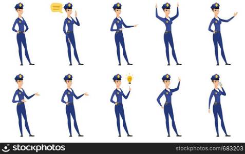 Full length of welcoming caucasian policewoman. Policewoman with arm out in welcoming gesture. Policewoman doing a welcome gesture. Set of vector flat design illustrations isolated on white background. Vector set of police woman characters.