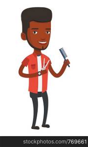 Full length of young african-american barber holding comb and scissors in hands. Barber ready to do a haircut. Professional barber at work. Vector flat design illustration isolated on white background. Barber holding comb and scissors in hands.