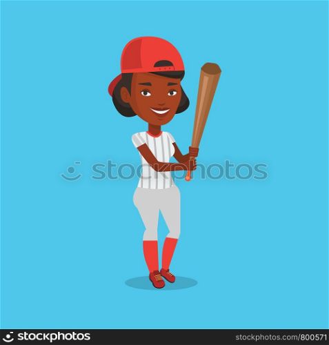 Full length of young african-american baseball player in uniform. Professional baseball player standing with a bat. Cheerful baseball player in action. Vector flat design illustration. Square layout.. Baseball player with bat vector illustration.