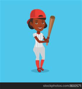 Full length of young african-american baseball player in uniform. Professional baseball player standing with a bat. Cheerful baseball player in action. Vector flat design illustration. Square layout.. Baseball player with bat vector illustration.