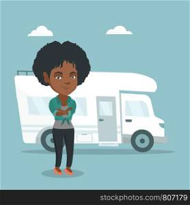 Full length of young african-american woman standing with arms crossed on the background of motorhome. Smiling woman enjoying her vacation in a motorhome. Vector cartoon illustration. Square layout.. African woman standing in front of motorhome.