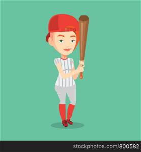 Full length of young caucasian smiling baseball player in uniform. Professional baseball player standing with a bat. Cheerful baseball player in action. Vector flat design illustration. Square layout.. Baseball player with bat vector illustration.