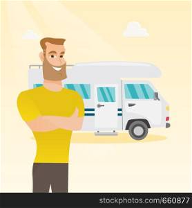 Full length of young caucasian white man standing with arms crossed on the background of motorhome. Smiling man enjoying his vacation in a motorhome. Vector cartoon illustration. Square layout.. Caucasian man standing in front of motorhome.
