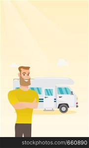Full length of young caucasian white man standing with arms crossed on the background of motorhome. Smiling man enjoying his vacation in a motorhome. Vector cartoon illustration. Vertical layout.. Caucasian man standing in front of motorhome.