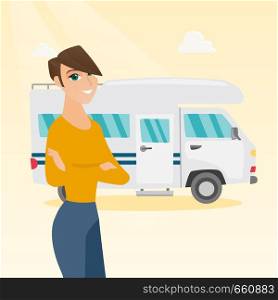 Full length of young caucasian white woman standing with arms crossed on the background of motorhome. Smiling woman enjoying her vacation in a motorhome. Vector cartoon illustration. Square layout.. Caucasian woman standing in front of motorhome.