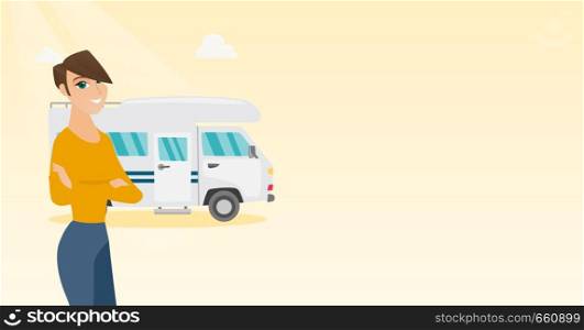 Full length of young caucasian white woman standing with arms crossed on the background of motorhome. Smiling woman enjoying her vacation in a motorhome. Vector cartoon illustration. Horizontal layout. Caucasian woman standing in front of motorhome.