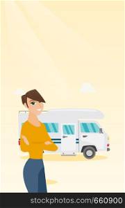 Full length of young caucasian white woman standing with arms crossed on the background of motorhome. Smiling woman enjoying her vacation in a motorhome. Vector cartoon illustration. Vertical layout.. Caucasian woman standing in front of motorhome.
