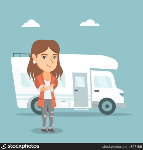 Full length of young caucasian woman standing with arms crossed on the background of motorhome. Smiling woman enjoying her vacation in a motorhome. Vector cartoon illustration. Square layout.. Caucasian woman standing in front of motorhome.
