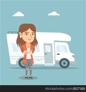Full length of young caucasian woman standing with arms crossed on the background of motorhome. Smiling woman enjoying her vacation in a motorhome. Vector cartoon illustration. Square layout.. Caucasian woman standing in front of motorhome.