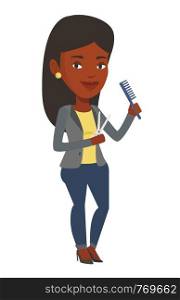 Full length of young female hairstylist holding comb and scissors in hands. African-american female hairstylist ready to do a haircut. Vector flat design illustration isolated on white background.. Hairstylist holding comb and scissors in hands.