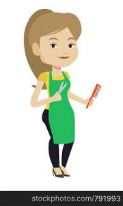Full length of young female hairstylist holding comb and scissors in hands. Professional caucasian female hairstylist ready to do haircut. Vector flat design illustration isolated on white background.. Hairstylist holding comb and scissors in hands.