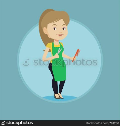 Full length of young hairstylist holding comb and scissors in hands. Professional caucasian hairstylist ready to do a haircut. Vector flat design illustration in the circle isolated on background.. Hairstylist holding comb and scissors in hands.