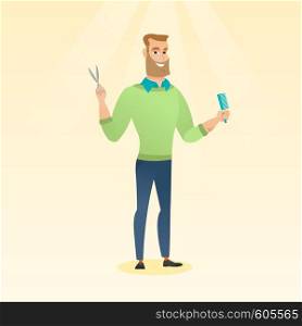 Full length of young hipster barber with beard holding comb and scissors in hands. Professional caucasian barber ready to do a haircut. Vector flat design illustration. Square layout.. Barber holding comb and scissors in hands.