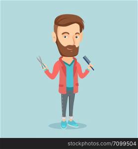 Full length of young hipster barber with beard holding comb and scissors in hands. Professional barber ready to do a haircut. Vector flat design illustration. Square layout.. Barber holding comb and scissors in hands.
