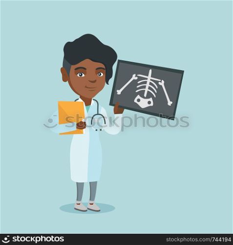 Full length of young smiling african-american roentgenologist doctor in a medical gown examining a skeleton radiograph. Vector cartoon illustration. Square layout.. African roentgenologist examining a radiograph.