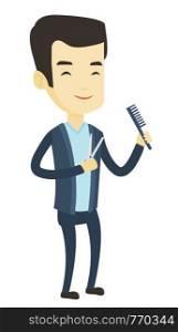 Full length of young smiling asian barber holding comb and scissors in hands. Professional happy barber ready to do a haircut. Vector flat design illustration isolated on white background.. Barber holding comb and scissors in hands.