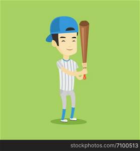 Full length of young smiling asian baseball player wearing uniform. Professional baseball player standing with bat. Cheerful baseball player in action. Vector flat design illustration. Square layout.. Baseball player with bat vector illustration.