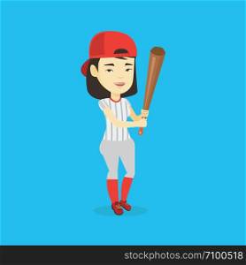 Full length of young smiling asian baseball player wearing uniform. Professional baseball player standing with bat. Cheerful baseball player in action. Vector flat design illustration. Square layout.. Baseball player with bat vector illustration.