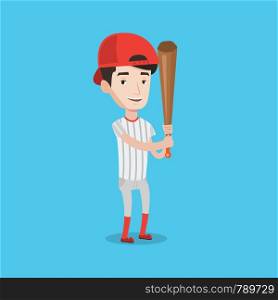 Full length of young smiling baseball player wearing uniform. Professional baseball player standing with a bat. Cheerful baseball player in action. Vector flat design illustration. Square layout.. Baseball player with bat vector illustration.