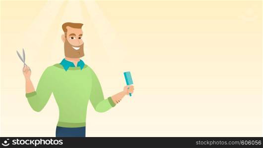 Full length of young smiling hipster barber with the beard holding comb and scissors in hands. Professional caucasian barber ready to do a haircut. Vector flat design illustration. Horizontal layout.. Barber holding comb and scissors in hands.