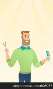 Full length of young smiling hipster barber with the beard holding comb and scissors in hands. Professional caucasian barber ready to do a haircut. Vector flat design illustration. Vertical layout.. Barber holding comb and scissors in hands.
